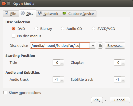 Mount iso file VLC play dialog
